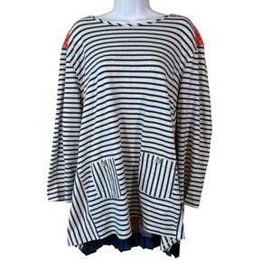 Multiples Mixed Print Tunic Top 2X Striped Patchwork Pocket Long Sleeve Boho